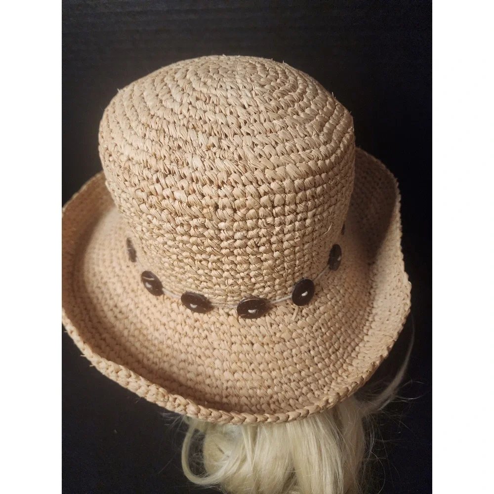 Nine West Tan Straw Sun Hat Woven Raffia Coconut Button Band Summer Beach Hat